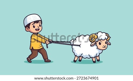 A cute Muslim boy is happily pulling a sheep, preparing for the festive occasion of Eid al-Adha, symbolizing sacrifice and devotion.