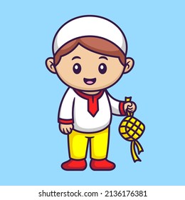 Cute Muslim Boy Holding Ketupat in Cartoon. Ramadan Vector Illustration. Flat Style Concept.