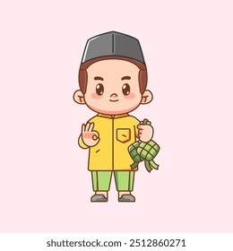 Cute muslim boy holding ketupat kawaii chibi character mascot illustration outline style design set