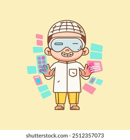 Cute muslim boy interact virtual reality glasses vr chibi kawaii character mascot illustration set