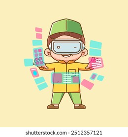 Cute muslim boy interact virtual reality glasses vr chibi kawaii character mascot illustration set