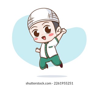 Cute muslim boy jumping happily cartoon character