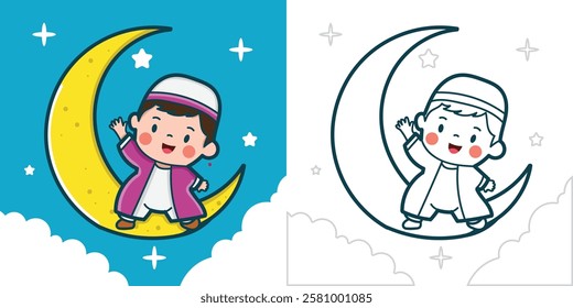 A cute Muslim boy on a crescent moon waving a hand for a design element or coloring book element