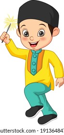 Cute muslim boy playing firework