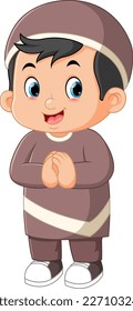 a cute Muslim boy is posing to say hello of illustration
