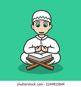 cute muslim boy praying after reading al qur'an.vector illustration with cartoon concept,flat style.suitable for ramadhan mascot or icon,sticker,banner,etc