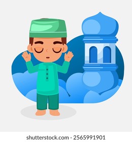 Cute Muslim Boy Praying in the Mosque Vector Illustration.