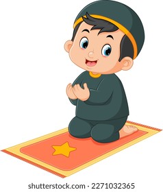 a cute Muslim boy is praying on his prayer mat of illustration