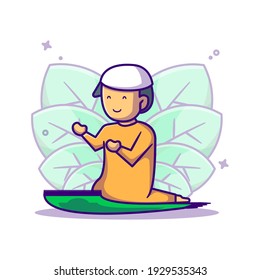 Cute Muslim Boy Praying Vector Cartoon Illustration. Ramadan kareem Icon Concept White Isolated. Flat Cartoon Style Suitable for Web Landing Page, Banner, Sticker, and Background