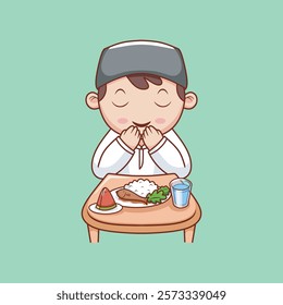 Cute Muslim boy praying when he wants or before drinking or breaking the fast. activities of people. cute little boy, handsome, adorable. Illustration vector,