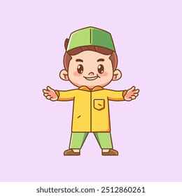 Cute muslim boy raised hand kawaii chibi character mascot illustration outline style design set