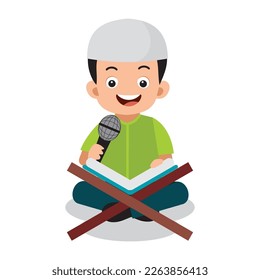 cute Muslim boy reading quran and holding mic