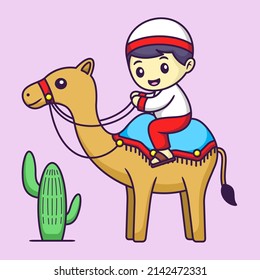 Cute Muslim Boy riding Camel in Cartoon. Eid Mubarak Vector Illustration. Flat Style Concept.