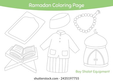 Cute muslim boy shalat equipment outline cartoon vector for kids coloring page. Printable Ramadan coloring page template cartoon vector.