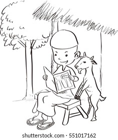 Cute Muslim boy sitting reading a book with a goat. Hand drawn cartoon sketch vector illustration
