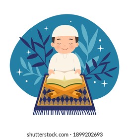 Cute Muslim Boy Sitting While Reading Quran. Flat Vector Islamic Character Design.