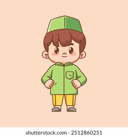 Cute muslim boy stand pose child kawaii chibi character mascot illustration outline style design set