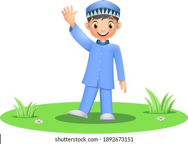 Cute Muslim boy stand and waving hand