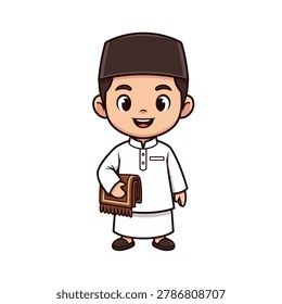 A cute Muslim boy standing and holding a brown prayer mat. He is wearing a dark brown skull cap and a neat white koko shirt shirt. Friendly open eyes and a kind smile. Flat vector mascot design
