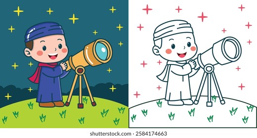 a cute Muslim boy using a telescope for design element or coloring book element