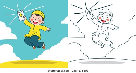 a cute Muslim boy using a telescope for design element or coloring book element