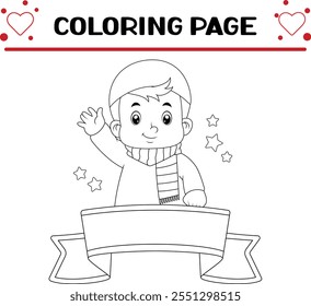 cute muslim boy waving sign say hello coloring page for kids