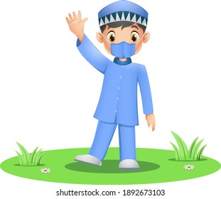Cute Muslim boy wearing face mask on grass