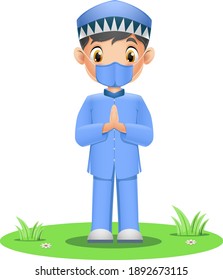 Cute Muslim boy wearing face mask on grass