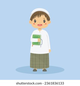 Cute Muslim boy wearing hat and sarong, holding a prayer beads and Quran ready for shalat. Muslim children character vector illustration.