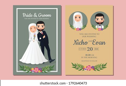 Cute muslim bride and groom.Wedding invitations card.Vector illustration in couple cartoon in love