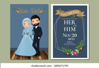 Cute muslim bride and
groom.Wedding invitations card.Vector illustration in couple cartoon in love