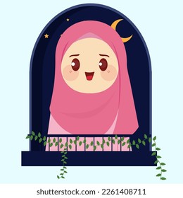 Cute Muslim cartoon in front of the window is enjoying the night of Ramadan with a beautiful and cool atmosphere flat vector illustration