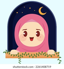 Cute Muslim cartoon in front of the window is enjoying the night of Ramadan with a beautiful and cool atmosphere flat vector illustration