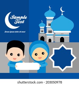 cute Muslim characters and beautiful mosque 