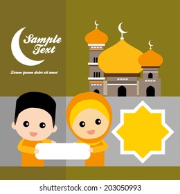 cute Muslim characters and beautiful mosque 