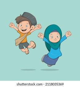 cute muslim characters boy and girl jumping happily, cartoon design, vector design