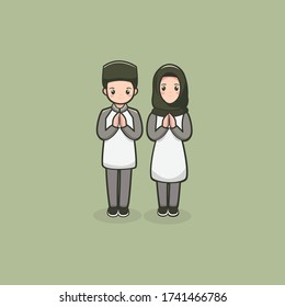 Cute Muslim characters with flat cartoon style design. its suitable for your poster, banner, flyer, greeting card, and etc