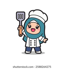 Cute Muslim Chef Girl in Hijab Holding a Spatula Adorable Flat Bold Cartoon Illustration