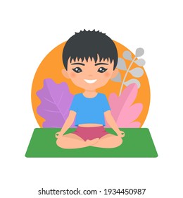 Cute muslim chibi boy doing yoga on background with pattern. Cartoon flat style. Vector illustration
