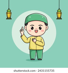 Cute Muslim child character with index finger up