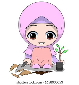 cute Muslim children - planting. fun daily activities. Vector - Cartoon character of a happy woman.