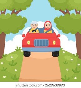 Cute muslim couple riding convertible car together on the hill.