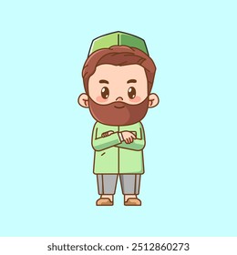 Cute muslim crossed arms both hand apologize kawaii chibi character mascot illustration set