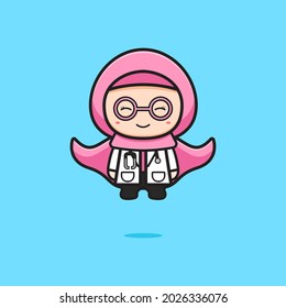 Cute muslim doctor super hero cartoon icon illustration. Design isolated flat cartoon style