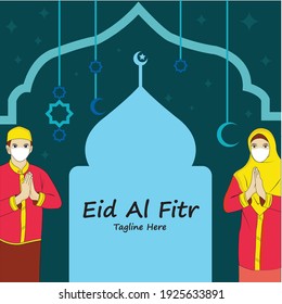 Cute Muslim Family Celebrating Ramadan And Eid Greetings Card, Suitable For Printing, Social Media, and Eid during the Covid pandemic 19.