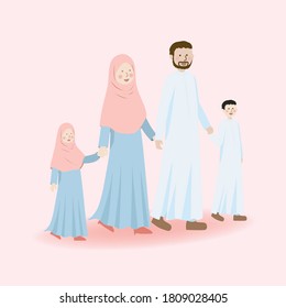 Cute Muslim Family Character Father Mother Son and Daughter Holding Hand Together