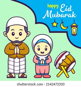 Cute Muslim Father and Daughter in Cartoon. Ramadan Vector Illustration. Flat Style Concept.