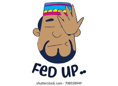 Cute Muslim Fed Up. Vector Illustration. Isolated on white background.