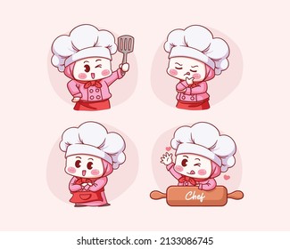 Cute muslim female chef wearing Hijab Holding Spatula, Thinking, Crossed Hand, and with Rolling Pin