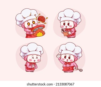 Cute muslim female chef wearing Hijab cook meat, Write Order or Menu, Welcome, Thanks, Bow Gesture, holding spoon